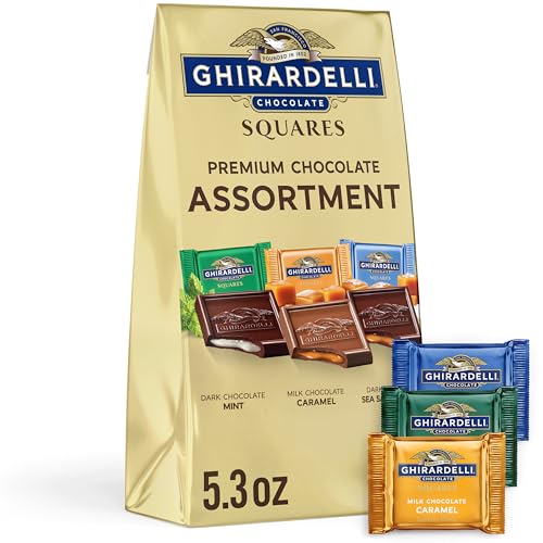 Image of GHIRARDELLI Premium Chocolate Assortment SQUARES, 5.3 oz Bag Variety of Individually Wrapped Milk, Dark, and Mint Chocolates