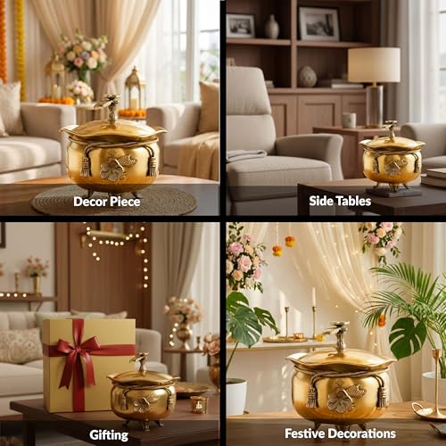Image of INDIAN ART VILLA Pure Brass Handi /Casserole with Ribbon Bow Lid & 3 Legs - 600 ML, Traditional Brass Serveware for Home, Kitchen & Dining, Elegant Serving Bowl for Curry, Sweets & Snacks