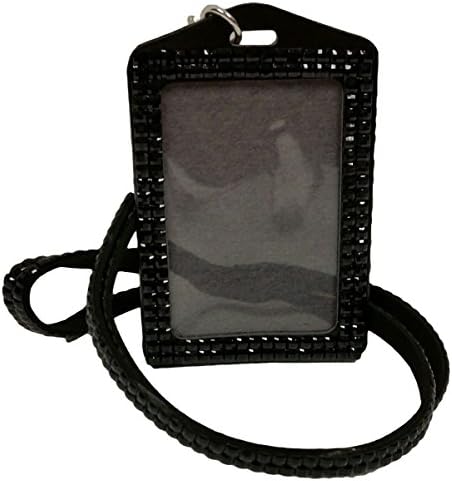 USA ACCESSORIES Black Rhinestone Crystal Bling PU Leather Faux Leather ID Badge Vertical Card Case Lanyard
