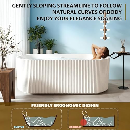 Image of 59 Inch Acrylic Freestanding Bathtub, Deep Soaking Tub with Non-Slip Base, cUPC Certified Free Standing Tub, Chrome Drain Bath Tub, Modern Tub for Bathrooms, White
