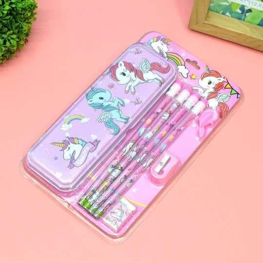 Image of Kidox Stationery Set for Kids- Birthday Gift for Girls, Boys - Metal Geometry Box for Girls & Boys Kids Pencil Box Set, Pencil Case Set, Pencil, Erasers, Sharpener for Children (Unicorn)