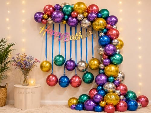 Image of ARV Multicolour Chrome Balloons Garland Kit | Happy Birthday Decoration Kit - 54 pcs Multicolor Birthday Banner Set | Chrome Metallic Balloons For Decoration, Bday Decoration Kit for Girls Boys