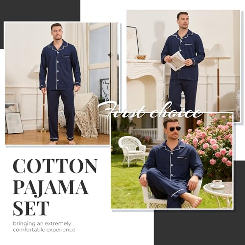 Image of U2SKIIN Mens Cotton Pajama Set, Soft Long Sleeve Pajamas for men Lightweight Button Up Sleepwear Lounge Pjs Set with Pockets