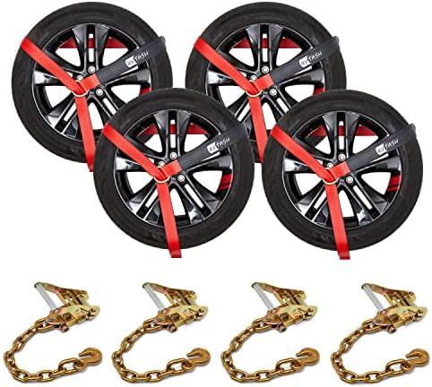 RYTASH Car Tie Down Straps for Trailers - Tire Straps with Chain Anchors - 4 Pack -Heavy Duty Ratchet Straps - Industrial Grade - 2" x 96" - Compatible with Car, Trucks, SUV, UTV, ATV - 3300 LB Load