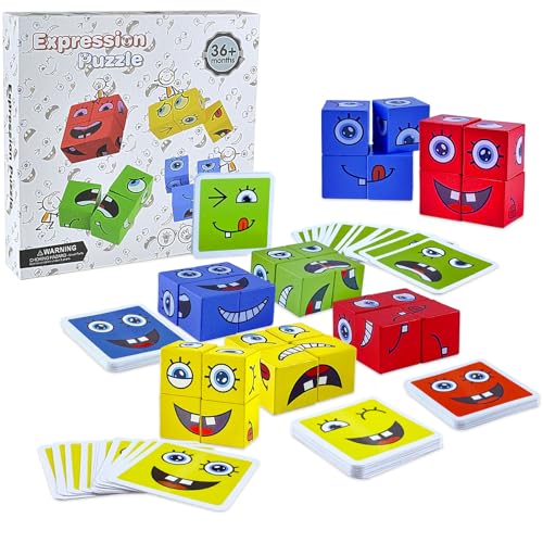 Puzzle de Madera de Expresión Facial,Cube Face Puzzle,Cambian la Carajuguete de Madera,Montessori Interactivo Juguete Rompecabezas Cubosbloques Construcción Juegos Creativos para Niños 3 4 5 6 Años