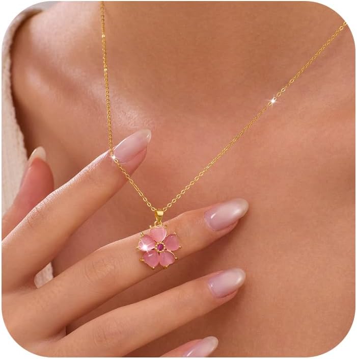 Valentine Day Gift Dainty 925 Sterling Silver Cherry Blossoms Necklaces for Women 14K Gold Plated Cute Pink Crystal Pendant Necklace to Daughter Mom Plum Flower Charm Chain Birth Wedding Jewelry Gift