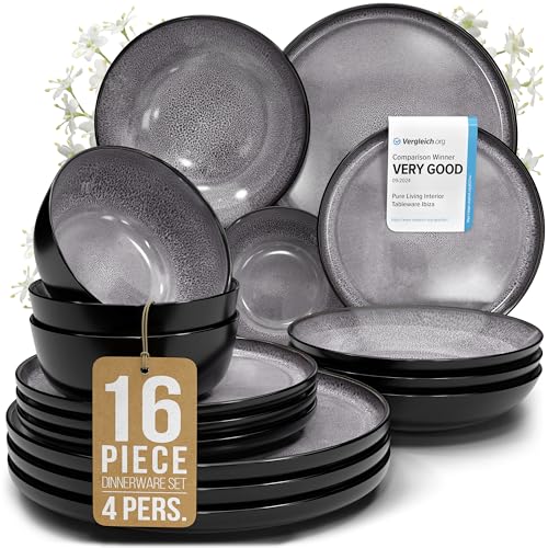 Image of Stoneware dinnerware set 4 persons 16 pcs - Dishwasher, microwave and scratch resistant - Bowl and plate set 4 persons modern - Dinner service Pure Living black in gray…