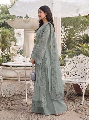 Image of RUDRAPRAYAG Women's Georgette Fabric Wih Embroidered Sequence Work And On Neck Moti Hand Work Semi Stitched Sharara Salwar Suit With Dupatta Set