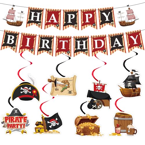 Piraten Deko Kindergeburtstag Banner Set - 10 StüCk Happy Birthday Banner Und HäNgende Wirbel Deko Piraten KapitäN Hut SchäDel Papagei SchäTze FüR Junge MäDchen Geburtstag Halloween