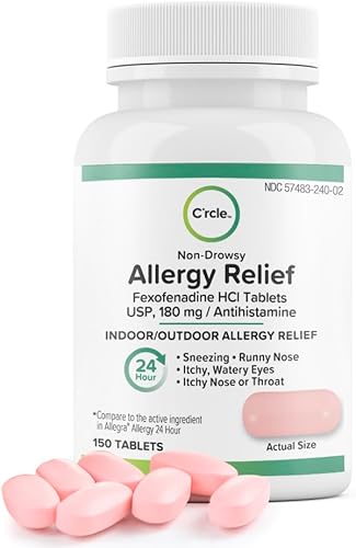 C'rcle Fexofenadine 180mg 150 Tablets. Píldoras para la alergia y medicamentos para la alergia para el alivio de la alergia. Medicamentos para la
