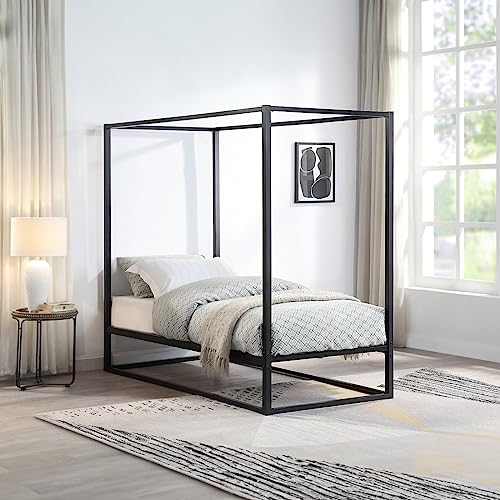 SlumberWorx ASHWELL MODERN FOUR 4 POSTER BLACK METAL BED FRAME - SINGLE/SMALL DOUBLE/DOUBLE/KING SIZE WITH MATTRESS OPTIONS (No Mattress, Single)