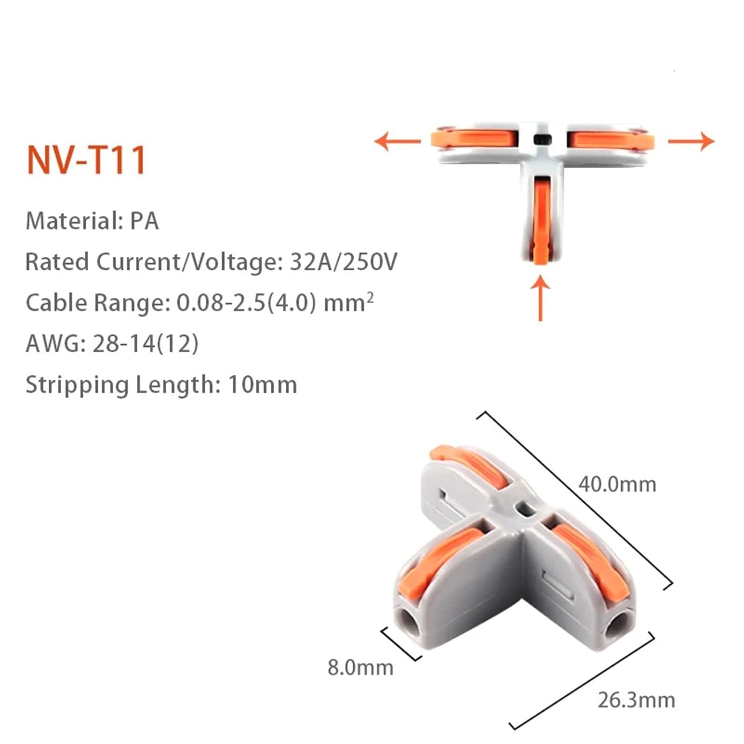 Universal T-Type Wire Connector Push-in Quick Distribution Terminal Transparent Copper Clip Home Main Distributor 5Pcs(NV-T11(PA),10PCS)