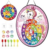 LAMEK Einhorn Dartscheibe Kinder Klett Dartspiel 66cm Faltbares Doppelseitige Klettballspiel mit 6 klebrigen Bällen 6 Darts Drinnen Draußen Wurfspiel Geburtstag Geschenke für ab 3 Jahre Kinder