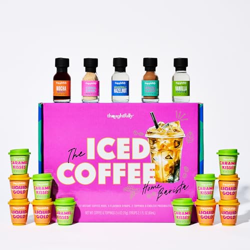 Image of Thoughtfully, Iced Coffee Barista Bar Gift Set, Includes Instant Coffee, Flavored Syrups, Cocoa Powder & Cinnamon Sugar, DIY Coffee Station Sampler Gift for Coffee Lovers