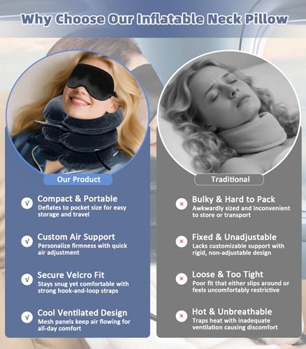 Image of Adjustable Inflatable Cervical Traction Device, Soft Neck Stretcher Support Pillow with Sleep Eye Mask