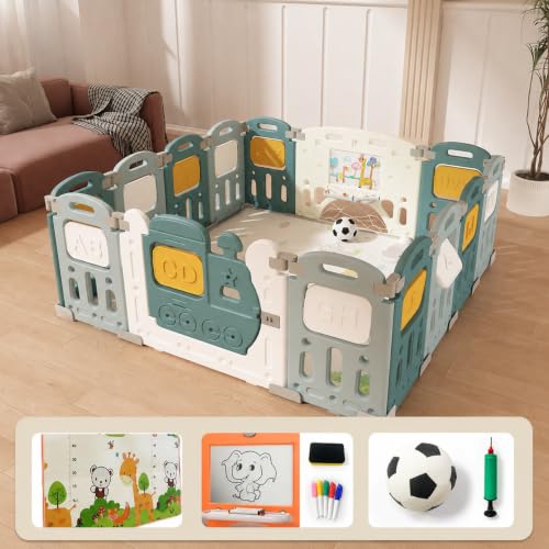 Image of Dawnwake Foldable 14 Panel Playard, Baby Playpen Fence with Crawling Mat and Football for Baby Upto 8 Years with Safety Locking Door & Drawing Board (150 x 150cm, Assembly-Free) -Green