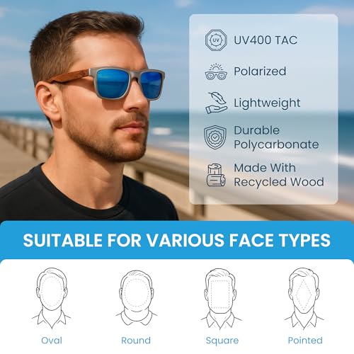 Mens Polarized Wood Sunglasses - Wooden Frame Sunglasses, UV400 Protection, TAC Lens, Spring Hinges, Multiple Colors3