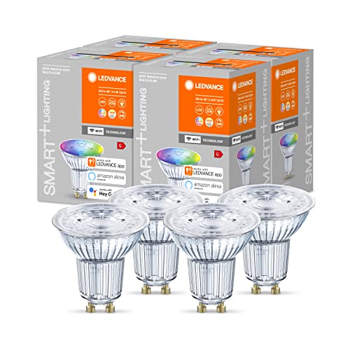 LEDVANCE Inteligentna lampa reflektorowa LED z technologią WiFi, trzonek GU10, zmiana barwy światła (2700-6500K), zmiana kolorów RGB, ściemnianie, zastępuje lampy reflektorowe o mocy 50 W, 4-pak
