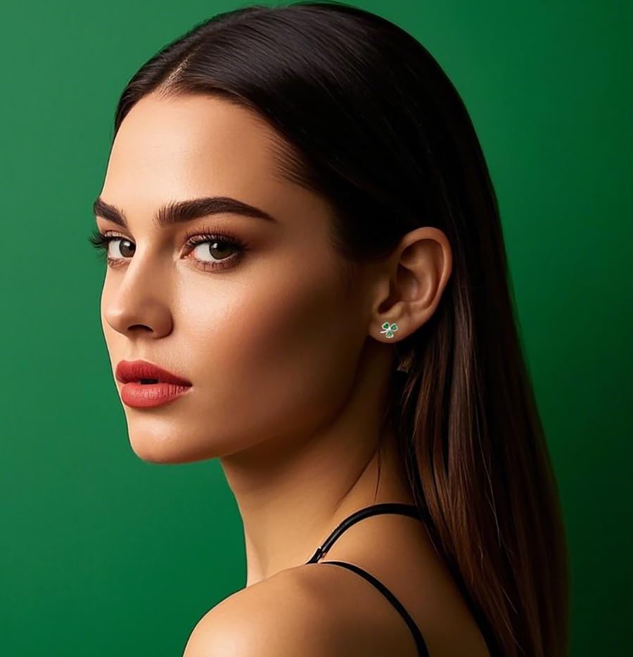 Reffeer Solid 925 Sterling Silver Green CZ Flower Stud Earrings Clover for Women Teen Girls Clover Stud Earrings Shamrock Earrings Green St Patricks Day Earrings Screw Backs (A-Silver)2