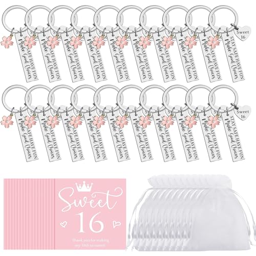 JDRGJTH 20 Sets Sweet 16 Keychain Party Favor Set Sweet 16th Birthday Gift Keychain Pink Cardstock Tag Organza Bag for Sweet 16 Birthday Gift Souvenir Themed Party Decorations
