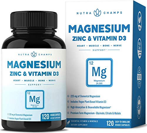 Magnesium Zinc & Vitamin D3 Supplement - Most Bioavailable Forms; Mag Glycinate, Malate, Citrate - Bone, Muscle & Heart Health, Immune System Support - 120 Vegan Capsules