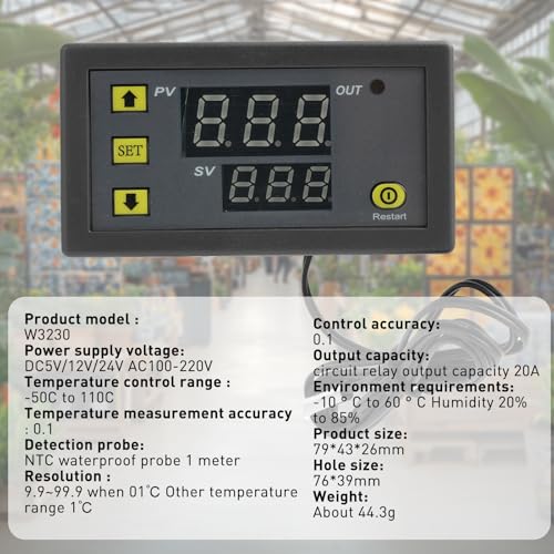 2 Stück W3230 AC 110V-220V Digitaler Temperaturregler, 20A LED-Display-Thermostat mit NTC 10K Sensorsonde, Temperatursteuerung von -50℃ bis 110℃ für Kühlschränke, Gefriertruhen, HVAC-Systeme