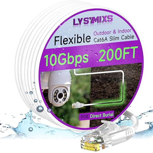 Lysymixs Cat6a Slim Ethernet Patch Cable 200ft Outdoor & Indoor Flexible 10G Cat6 Internet Network Cable Waterproof LLDPE UV Jacket Pure Copper Cat 6 Ethernet Cable White