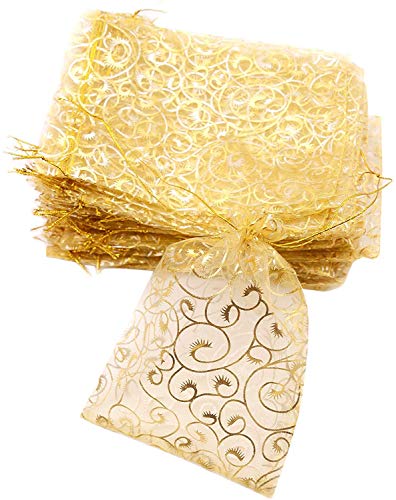 YYaaloa 100PCS Mini Sheer Organza Bags, Drawstring Chic Gift Beauty Bags, Wedding Favor Bags Candy Jewelry Gift Bags (Gold, 2.7x3.5 Inches)
