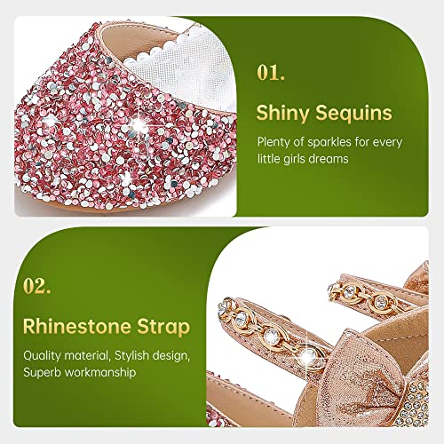 Image of Motasha Sparkly Girls Dress Shoes Kids High Heels Toddler to Big Kid | Glitter Closed Toe, Rhinestone Bow Straps, Hook-and-Loop Closure, Low Heel, Anti-Slip Outsole for Wedding Birthday Parties