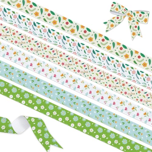 YKW Spring Grosgrain Ribbon, 6 Pack (5/8 Inch x 3 Yards Each), Floral Bird Ribbon, Garden Theme Craft Ribbons for Gift Wrapping Wedding Party Home Decoration DIY Projects