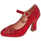  Gicoiz Mary Jane Glitzer Bride Hochzeit Knöchelriemchen Pump Block Louis- XV Absatzs Damen Geschlossen Elegant Party Abend Formal Schuhe Rot Gr 41 EU-43Cn