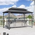 PURPLE LEAF 6.5' X 12' Hardtop Grill Gazebo for Patio Permanent Aluminum Barbeque Shelter Gazebo Canopy with Ceiling Hook and Shelves Double Tiered Grey Outdoor BBQ Gazebo