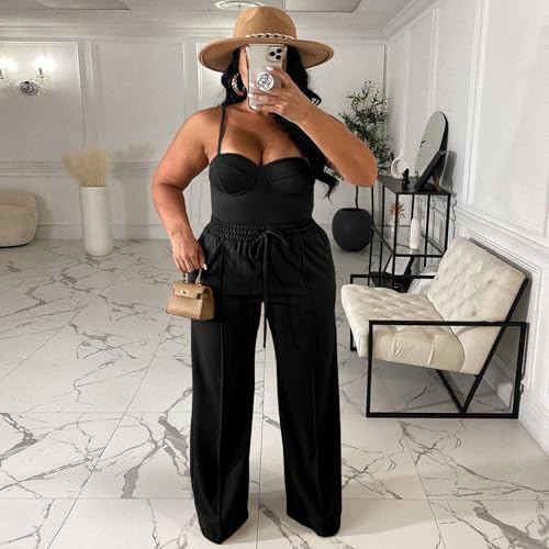 Women's Plus Size Casual Wide Leg Pants High Waisted Drawstring Baggy Sweatpants Elastic Straight Leg Lounge Pants4