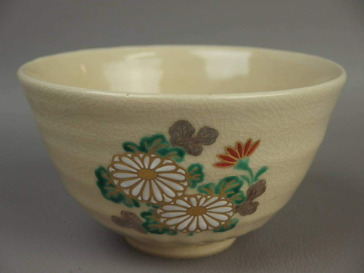 真葛焼 茶碗 真一改め7代香齋作 ワラ灰釉ゆずり葉の絵茶碗/Polychrome