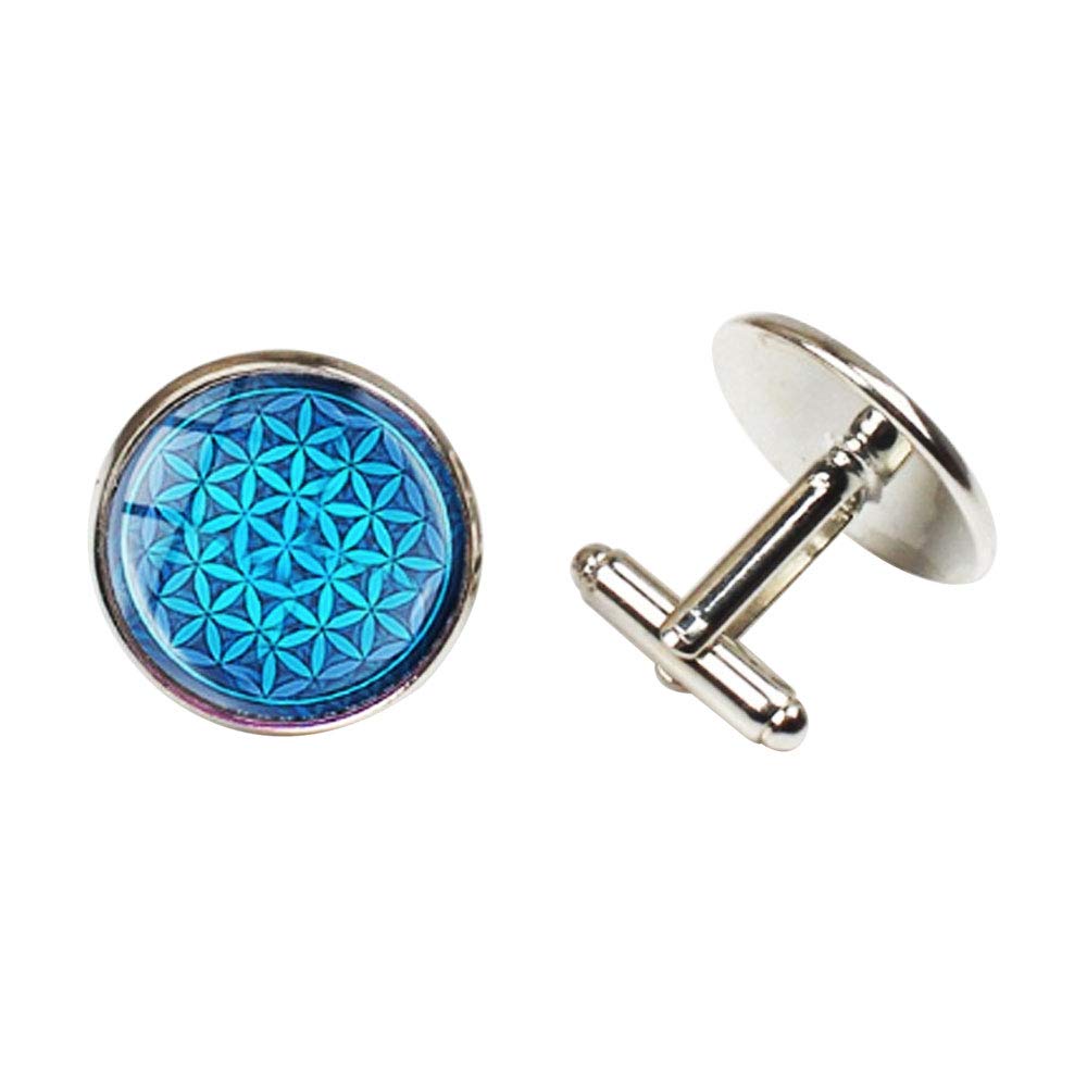 Cufflinks - Yoga Sea Flower (Deep Sea Blue) Cabochon Glass Hand Made Silver Plated, for Men & Women, Office Corporate & Party, in a Gift Box (1 Pair)-image-32