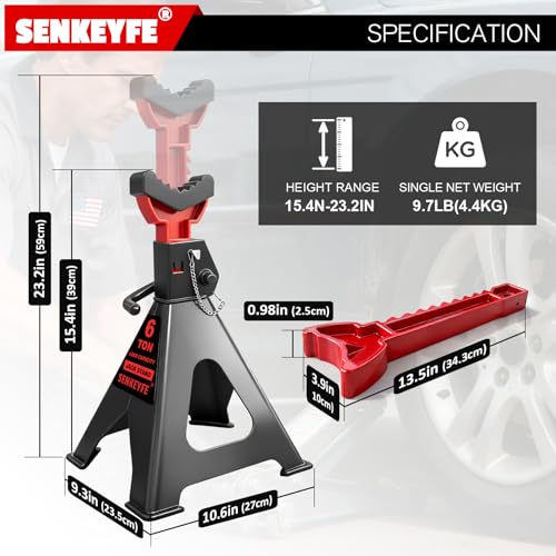 SENKEYFE 6 Ton (13,200 LBs) Jack Stands with Double Pin Locking,Rubber Cover and Large Foot Base,15\"-23\" Adjustable Height,Heavy Duty Car Jack Stands,Lifting Bus,RV,SUV,MPV,Pickup Truck,ATV/UTV,1 Pair - Thumbnail 4