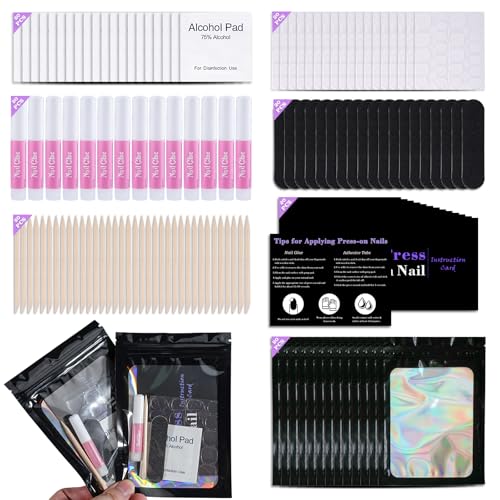Disposable Nail Supplies Kits,Professional Manicure Press On Nail Tool Kit With Nail File,Adhesive Tabs,Nail Glue,Sticks, Prep Pads,Bags,Cards for Nail Business(Black-140pcs20set)