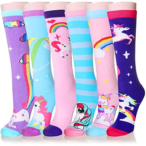 Girls Knee High Socks Funny Cartoon Long Tall Boot Cotton Kids Warm Stockings Novelty Childs Cute Animal Socks (6 Pairs Unicorn-A) Cover