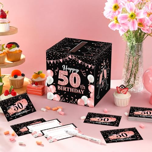 Image of Funrous 50th Birthday Party Message Card Box Cheers to 50 Years Black Rose Gold Advice and Wishes Greeting Card Box for Men Women Birthday Decorations Party Supplies Anniversary Tables Sign Decor