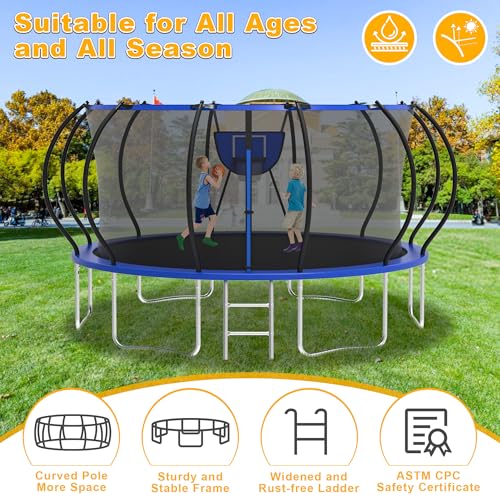1500LBS Tranpoline Outdoor 8 10 12 14 16FT Tranpoline for Kids and Adults,【Easy to Install & Built to Last】 Recreational Tranpolines with Net, Light+Sprinkler, Basketball Hoop, ASTM Approved