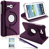 LK Luxury 360 Rotating PU Leather Case Cover For Samsung Galaxy Tab 3 Lite 7.0 T110 / T111 & Free Screen Protector + Stylus Pen (Purple)