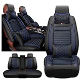 KCTOELNOR Luxury Leather Seat Covers for Toyota Land Cruiser 2001-2026, Waterproof Front and Rear Seat Interior Sets with 2* Neck Pillow and 2* Lumbar Support Black-Blue