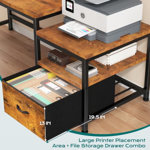 Image of EnHomee 56.5 inch Office Desk with Drawers & Printer Space for Home Work,Brown | Computer Desk with 3 AC Outlets& 2 USB Ports,Waterproof LED Strip Lights,Monitor Stand & Side Pockets,Home Office,Bedroom