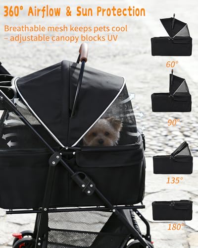 Pet Stroller with Removable Carrier, 35lbs Capacity - One-Click Foldable Dog Stroller, Cat Carrier & All-Terrain Wheels, Compact Travel Pet Stroller for Small to Medium Pets-Black - Image 6