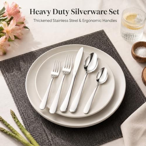 Image of E-Far Silverware Set for 8, 40-Piece Heavy Duty Stainless Steel Forks and Spoons Flatware Set, Metal Eating Utensils Cutlery for Home Kitchen, Mirror Polished & Dishwasher Safe