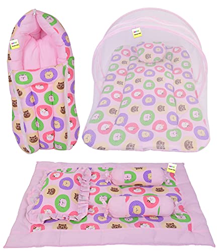 Image of Kwitchy New Born Baby Bedding Combo of Mattress with Net | 4 Pcs Gadda Set (0-6 Months) Pink (3PCS Set)