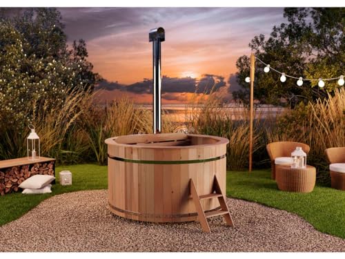 FinnTherm Holz Badefass Bergen Hot Tub Ø 180 x 110 cm für 5-6 Personen inkl. Edelstahl-Ofen 22 kW Einstiegsleiter & Sitzbänken