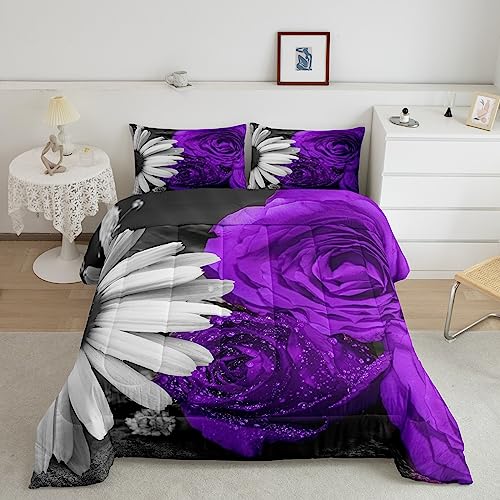 Girls Rose Comforter Set Queen Size, Purple Gray Black Rose Bedding, 3D Printed Rose Flowers Duvet Insert, Rustic Daisy Floral Down Comforter, Romantic Couple Valentine Rose Quilt with 2 Pillow Cases