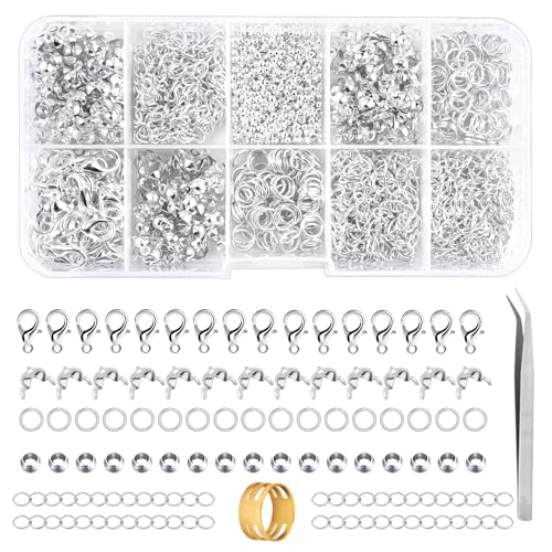 Deepton 902 Stück Armband Verschluss Quetschperlen Schmuckherstellung Set Kettenverschluss Biegeringe Kettenverlängerung Quetschkalotten mit Pinzette Ösenöffner Etui Silber