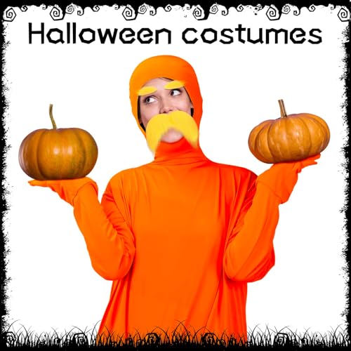 Orangener Ganzkörperanzug, Faschings Kostüm Herren, 2 Teiliges Faschings Kostüm Inklusive 1 Ganzkörperanzug Orange + 1 Gelber Schnurrbart und Augenbrauen, Faschingskostüm für Halloween Karneval Party